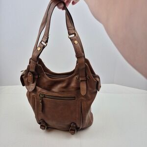 Clarks Brown Faux Leather Shoulder Bag Purse Leopard Lining Multi Pocket Satchel